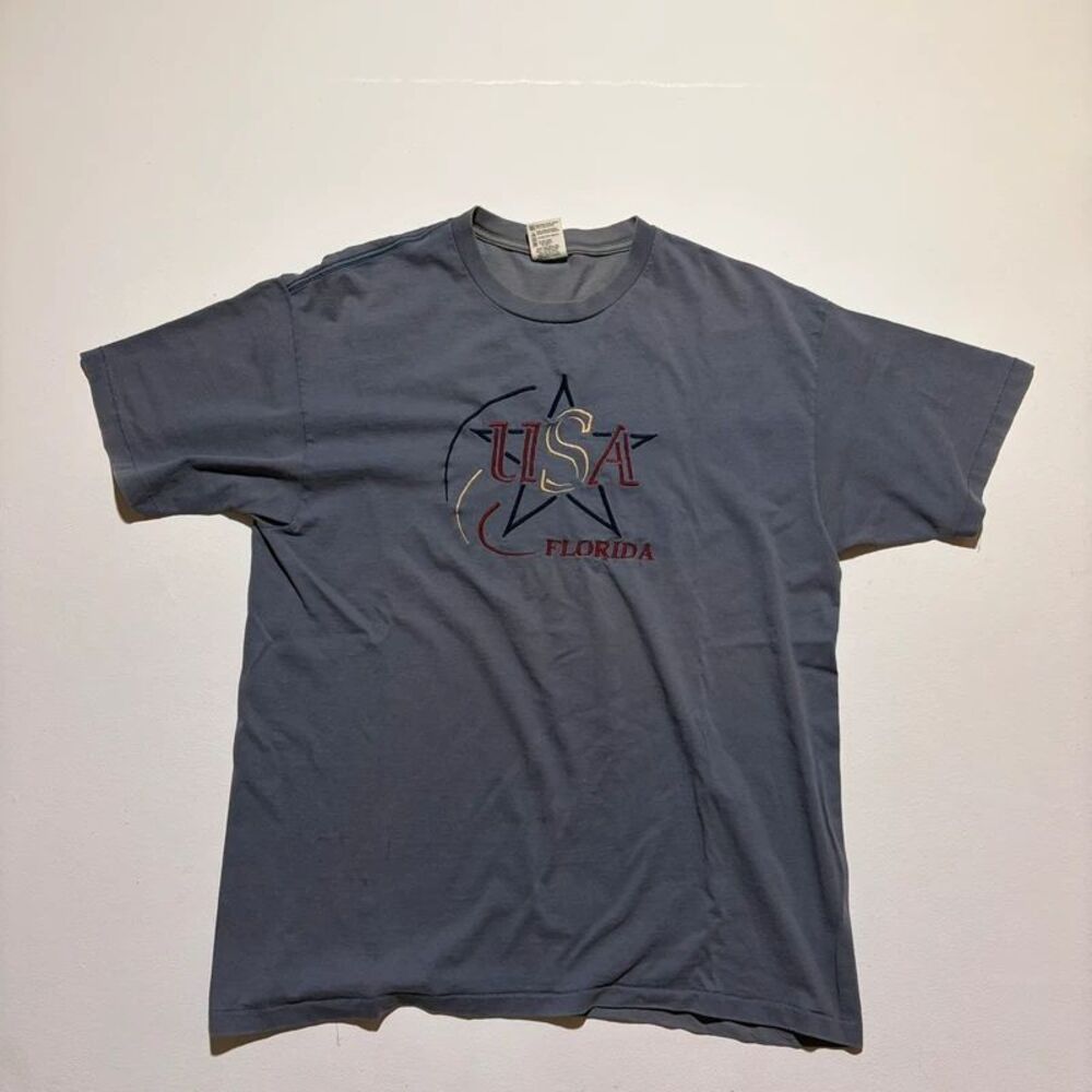 Faded Vintage Single Stitch Navy Blue USA Embroidered T Shirt - Anvil Tag